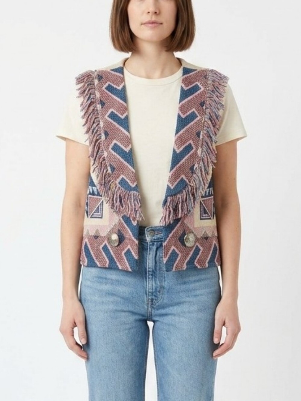 Vintage Painted Pony Cotton Tapestry Vest Fringe Conchos One Size